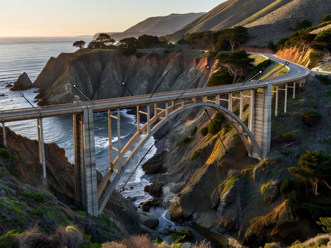 Annotated view of Bixby Creek Bridge on the Big Sur coast with the curving shoreline beyond in afternoon light