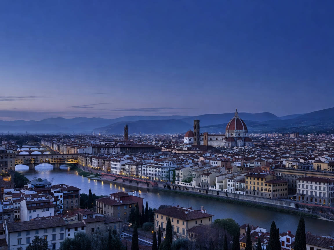 Annotated blue-hour view of Florence from Piazzale Michelangelo with Ponte Vecchio and the Duomo dome
