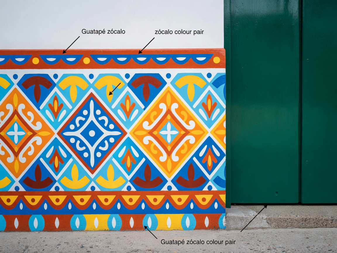 Annotated close view of a painted zócalo panel in Guatapé beside a contrasting green door in open shade