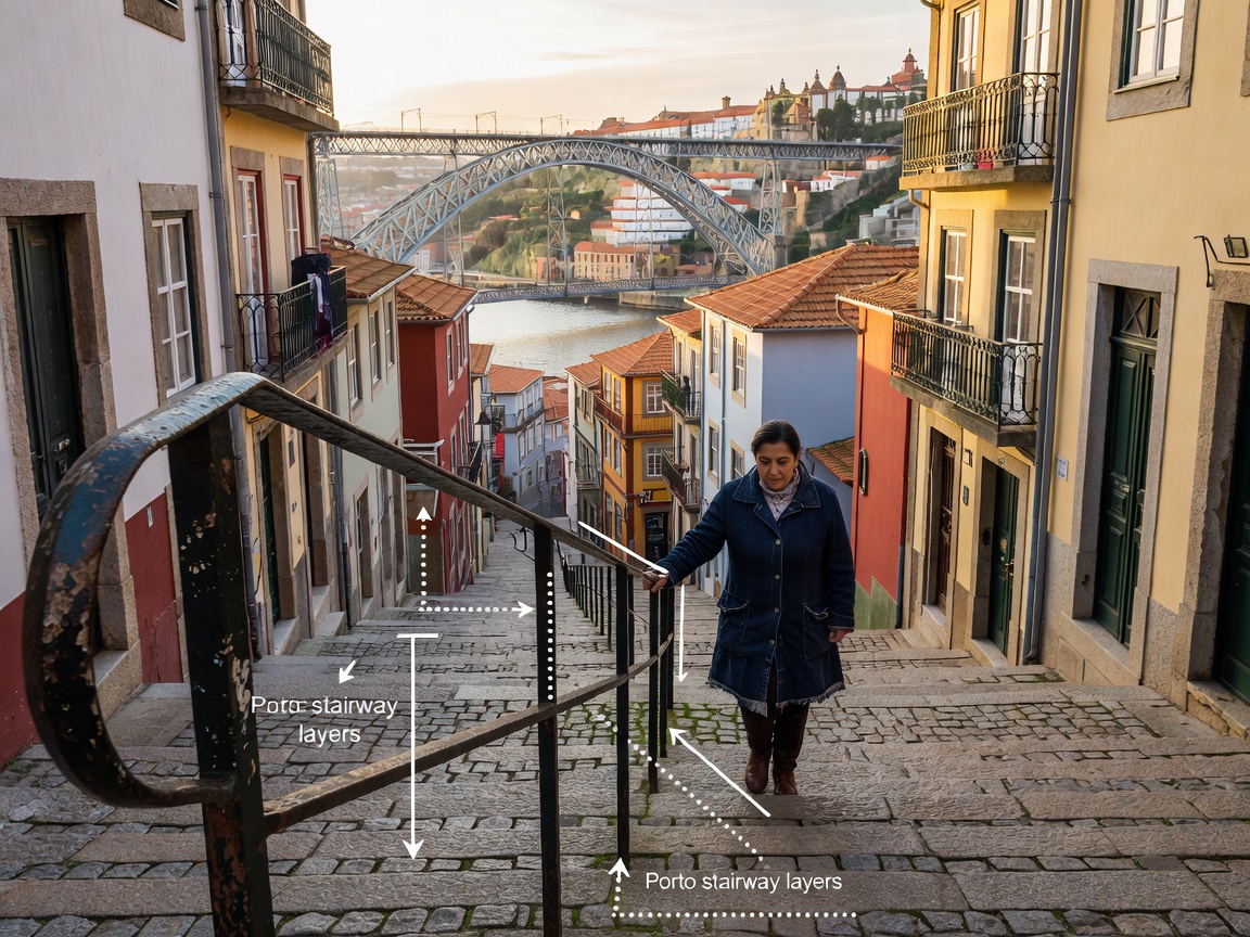 Annotated view down a Porto stairway with an iron handrail in the foreground, a resident mid-frame and the Dom Luís I Bridge beyond