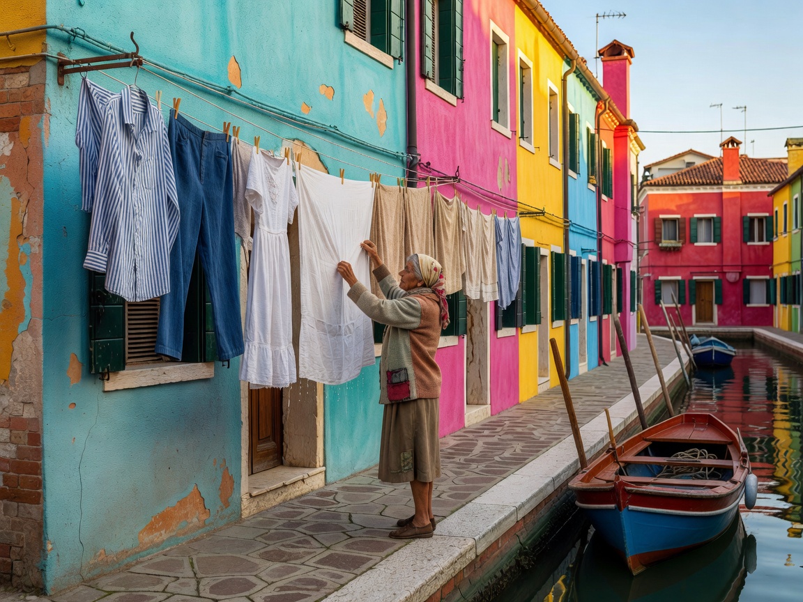 A Burano resident pegs laundry outside a painted house while a boat drifts along the canal