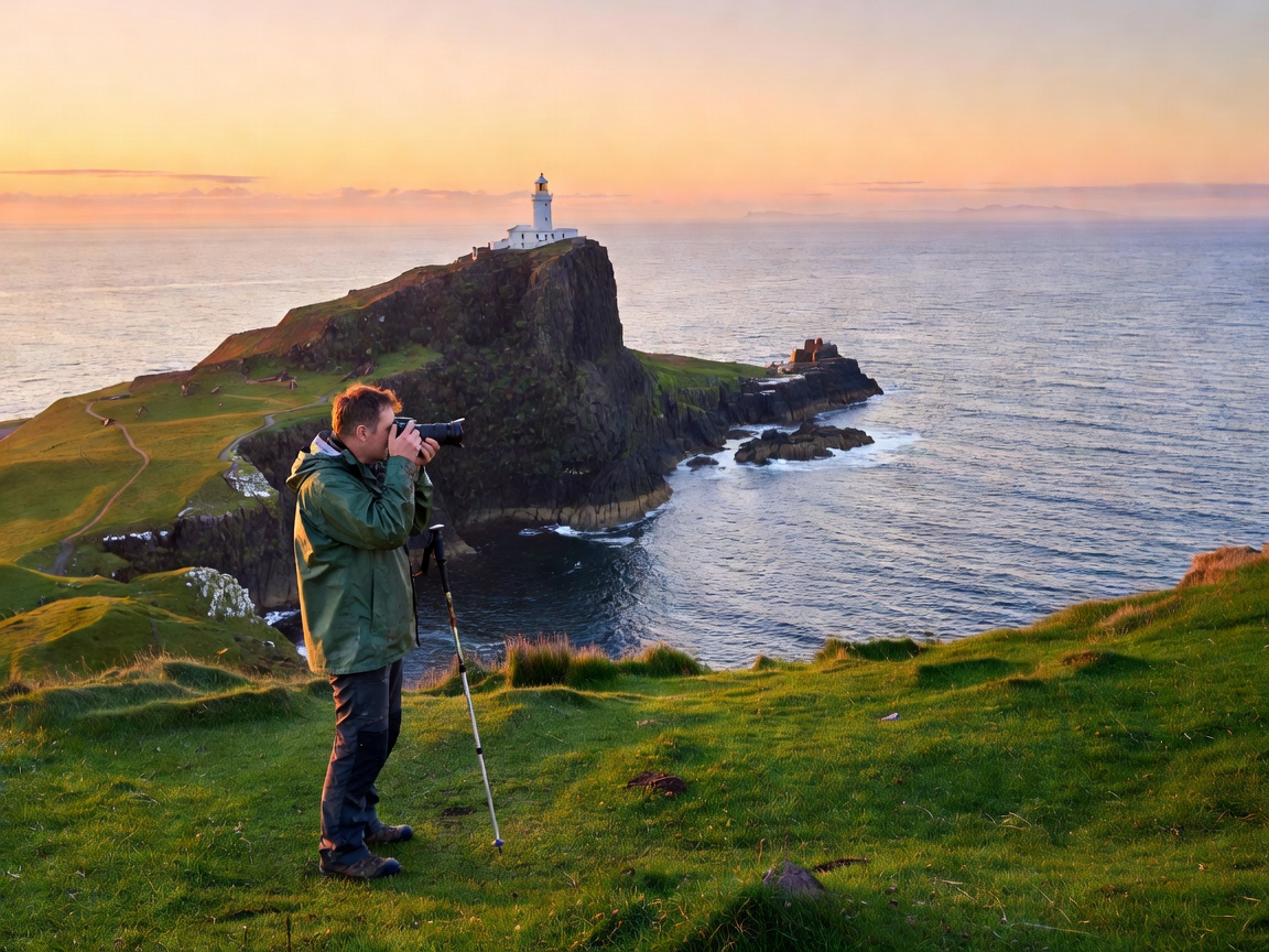 A walker with a camera on the grassy cliffs near Neist Point lighthouse on the Isle of Skye in soft evening light