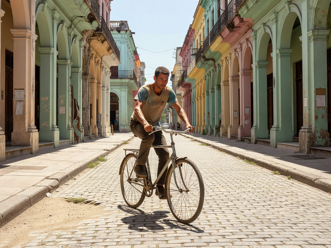 A cyclist frozen mid-pedal on a sunlit Havana street lined with pastel colonnades