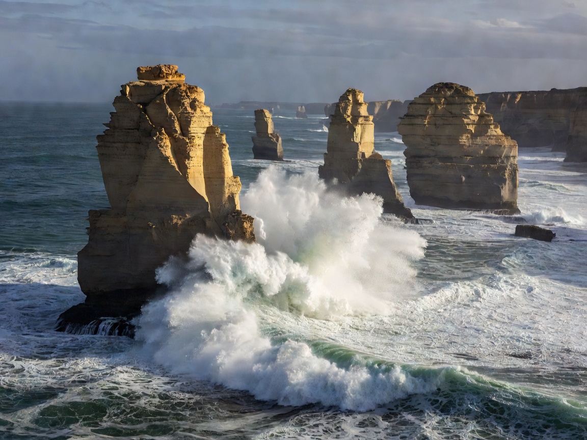Crashing surf frozen against limestone stacks at the Twelve Apostles on the Great Ocean Road