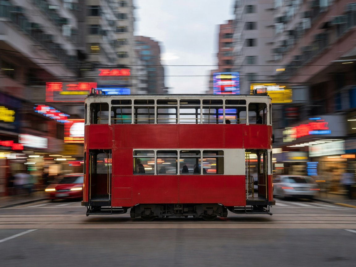 A Hong Kong tram kept sharp against a streaked background using a slow panning shutter