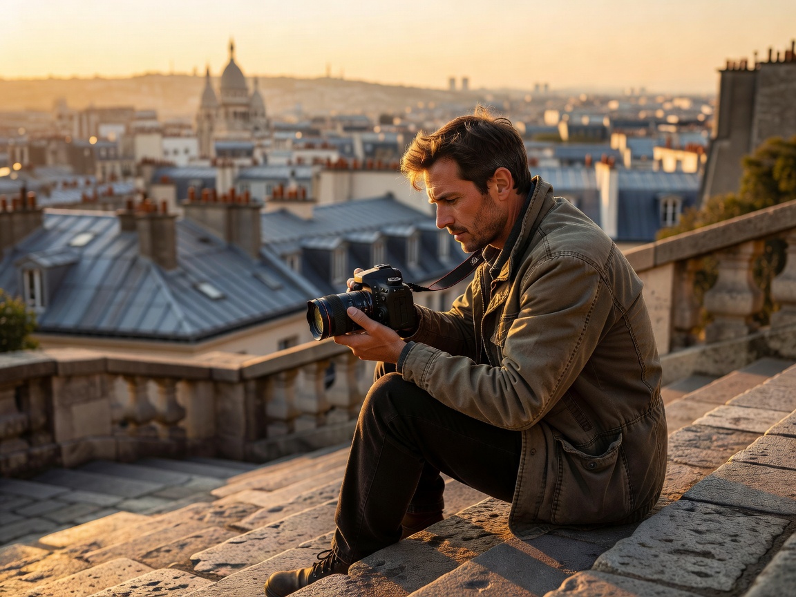 A traveller checks the screen of a camera on the steps of Montmartre as warm evening light spreads over Paris rooftops