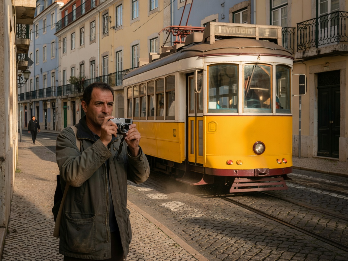 A traveller waits with a camera at a Lisbon junction as a yellow tram passes through warm late-afternoon side light
