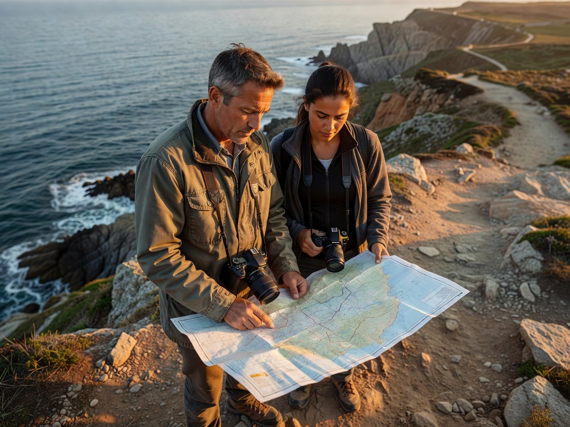 Two photographers study a paper map on a coastal path before sunset, cameras slung over their shoulders