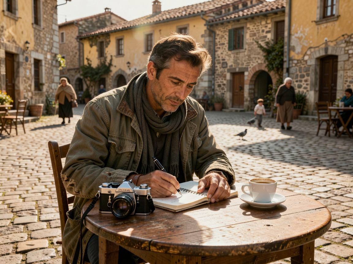 A traveller writes location notes at a café table in a sunlit village square, camera resting beside a notebook