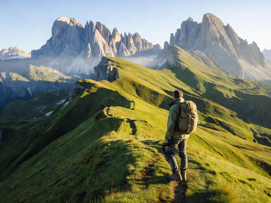 A hiker with a camera stands near the Seceda ridgeline in the Dolomites as morning side light rakes across green slopes