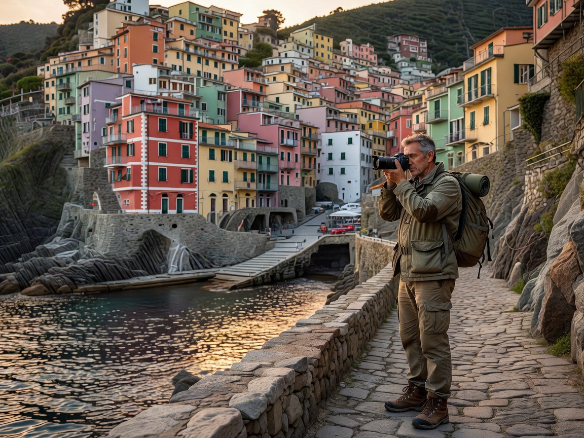 A traveller photographs the stacked pastel houses of Manarola from the harbour path in soft early-evening light